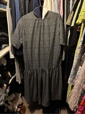 ' Black and White Grid Print Short Sleeve Dress
